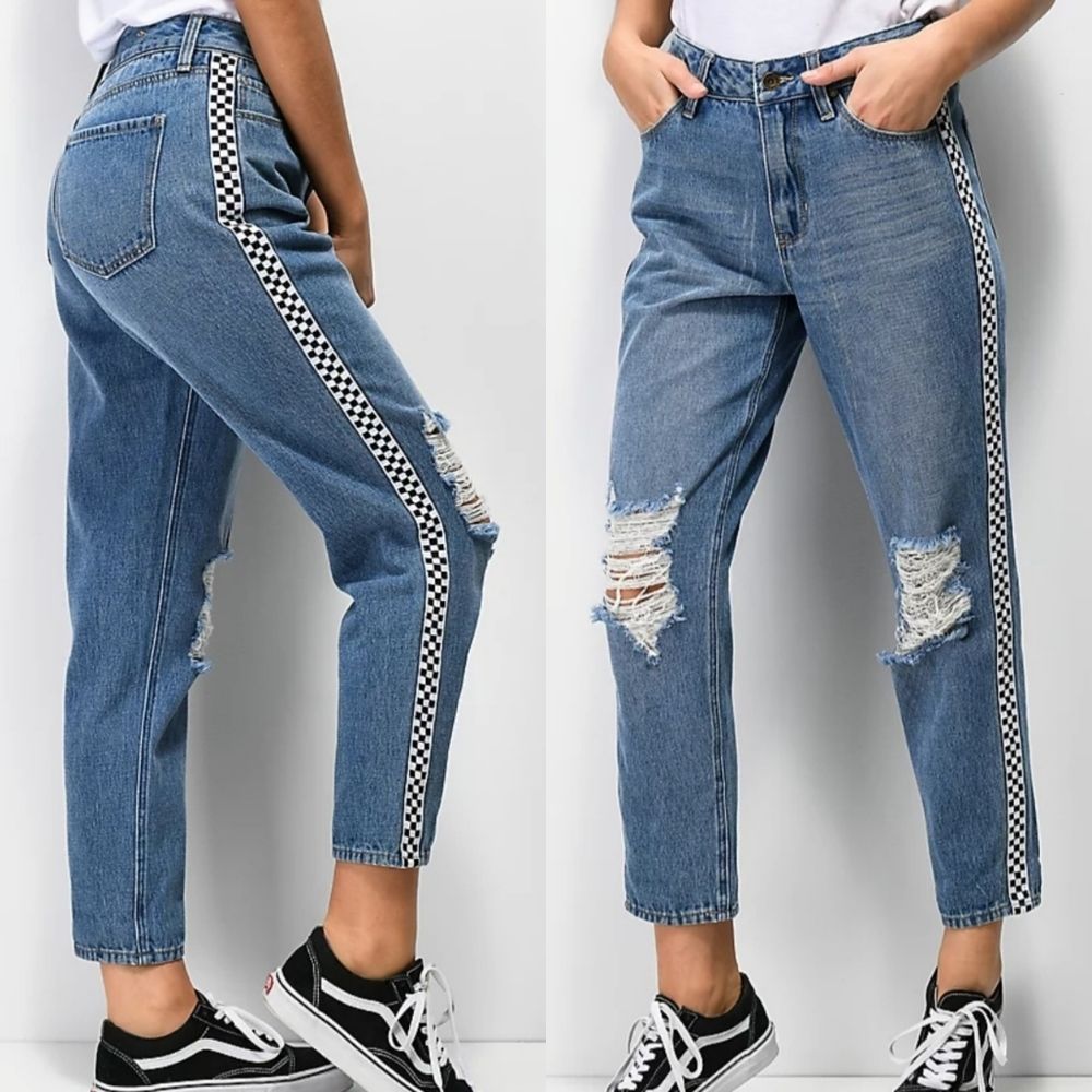 Empyre Eileen Distressed Checkered Motocross High Waisted Straight Mom Jeans Sz9
